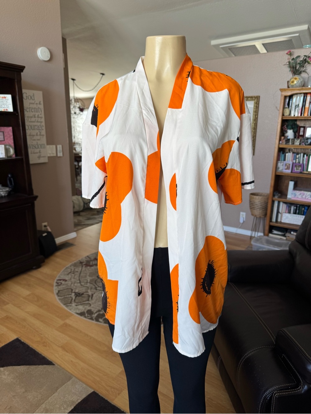 Boutique orange & white open front kimono cardigan/size L